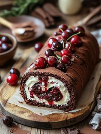 Luxurious Black Forest Roll Cake  🍫 𝗜𝗻𝗴𝗿𝗲𝗱𝗶𝗲𝗻𝘁𝘀 🎂 🌟 For the Chocolate Sponge Cake: 4 large eggs, at room temperature 🥚 ¾ cup granulated sugar 🍬 1 tsp vanilla extract 🍦 ¼ cup unsweetened cocoa powder 🍫 ¼ cup all-purpose flour 🌾 .....