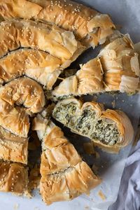 close up of slices of vegan spanakopita