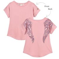 Girls pink t-shirt by Angel's face. Made in a soft and stretchy viscose jersey, this beautiful top has glittering pink sequins sewn into the back in the shape of angel wings. There is a pretty gold logo charm on one sleeve.