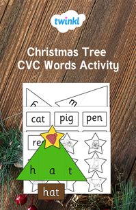 Use this handy resource for phonics and spelling practice! Build your trees by finding the right letters to spell out the word on the tree stump. #cvc #phonics #spelling #christmas #winter #twinkl #twinklresources