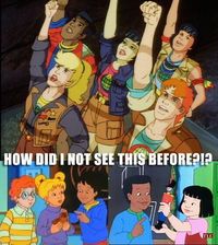 Captain Planet on top, The Magic School Bus on the bottom. I agree with the sentiment on the picture: how HAVE I not seen this before?!