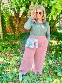 This is a 🛍️Shoppable🛍️ Pin!    Fall outfit, elevated casual outfit, pink and green outfit, dinner outfit, midsize outfit green bodysuit, pink wide leg pants, leopard sneakers, tie dye bag, sunglasses midsize, curvy, outfit, idea, inspo, inspiration, outfit of the day, ootd, midsize ootd, curvy ootd, midsize outfit, curvy outfit, size 12, size 14, size 16, size18  #fall #ootd #outfits #outfitoftheday #womenswear @thehalara