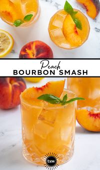 Such a perfect summertime cocktail, Bourbon Peach Smash. Using fresh juicy summer peaches which mix oh so well with smooth bourbon, this one is absolutely a crowd pleaser! Bourbon Peach Smash, Peach Bourbon Smash, Peach Smash Cocktail, Peach Bourbon Cocktail, Peach Smash Drink, Bourbon Smash