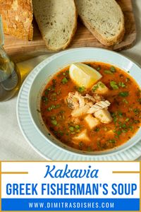 Greek Fisherman’s Soup, Kakavia, is a classic Greek recipe. Fresh whole fish and vegetables are simmered in tomato-based broth till a hearty soup is made. This is such a healthy and delicious meal. #souprecipes #greekrecipes