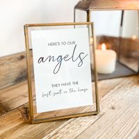 Display these lovely prints at your wedding to remember your loved ones who are no longer with us. Place in our 7 x 5 brass frames to complete the look. Display the sign on a table with some flowers and candles, you could als include photos on this table in more brass frames. Size: A6 105mm x 148mm Card: 380gsm white The print reads: Here's to our angels, they have the best seat in the house. Order print only or print +  7 x 5 landscape brass frames See more brass frames for additional photos he