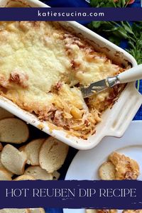 Hot Reuben Dip Recipe has all the flavors of a Reuben sandwich, but with out the bread. A mix of corned beef, sauerkraut, Russian sauce, and swiss cheese baked until bubbly. Use baguette slices or bagel chips to dip and enjoy.