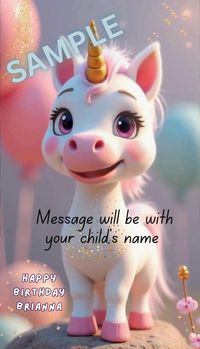 Make your child's birthday extra magical with our enchanting Unicorn Personalized Birthday Video Message! Featuring a whimsical unicorn theme, this animated eCard is a delightful way to bring joy and excitement to your little one's special day.