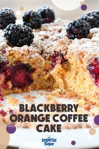 Who can resist crunchy streusel atop a delicate coffee cake? Chef Eddy's Blackberry Orange Coffee Cake is bursting with juicy blackberries and fresh orange flavor. This non-dairy recipe is great for brunch, as an afternoon snack, or as a lunchbox treat. For more cake recipes and ideas visit ImperialSugar.com and pin your favorites! Made this recipe? Show us! #imperialsugar #cakerecipes #classiccakes #coffeecake