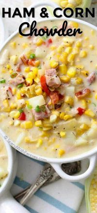 Ham and Corn Chowder is a quick weeknight meal with lots of corn, veggies, bacon and ham. This corn soup recipe is rich, creamy and delicious! #spendwithpennie #cornchowder #hamchowder #souprecipe #easysouprecipe