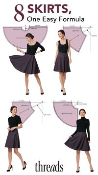 Skirt Formula: In this Threads Insider feature, Raminta Vilkiene will introduce you to a simple geometry formula that can help you easily create eight different skirts. Because there are only six steps to create the pattern, as you do this more, you may find that it is easier to draw cutting lines on the fabric rather than drafting a pattern. #skirts #garment #sewing #garmentdesign #fashion #fashiondesign #autumn #sewist #sewer #handmade #sew #diy #threadsmagazine #threadsinsider