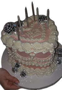 pink and cream colored vintage cake, heart cake, pearl sprinkles, 25th bday cake, disco ball addons