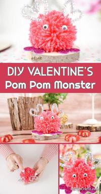 Make a cute Valentine's Day pom pom monster in just a few minutes! This easy yarn craft is a great idea for making with kids for Valentine's crafting! #valentinesday #valentinesdaycraft #kidsvalentinecraft #pompommonster #pompomcrafts