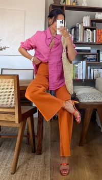 Colorful Fashion Outfit Inspo orange pink for summer style 💗 pink linen blouse and orange wide leg pants 🧚 the prettiest and easiest combo to add color in your outfit, but classy ✨