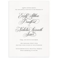 Romantic. Timeless. Exquisite. These invitations announce your wedding in a detailed swirl of calligraphy-style font paired with details in an elegant serif type. The back of the cards show a classic textured print.