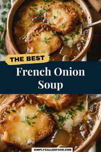 Savor the flavors of French cuisine with our easy French onion soup recipe. This rich and tasty dish is simple and quick to make, ideal for any diet. Using healthy, best-quality ingredients, it's a staple of hearty comfort food. You can prepare French onion soup in a Crock Pot, Instant Pot, slow cooker, or stove top, according to cookware preferences. This delicious, homemade soup brings France to your kitchen. For the French onion soup recipe and other soup recipes, visit SimplyCalledFood.com.