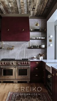 Traditional kitchen with oxblood cabinets 