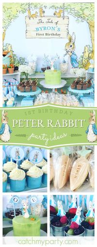 Check out this adorable Peter Rabbit 1st birthday party! The dessert table is so cute!! See more party ideas and share yours at CatchMyParty.com #rabbit #1stbirthday #girlbirthday