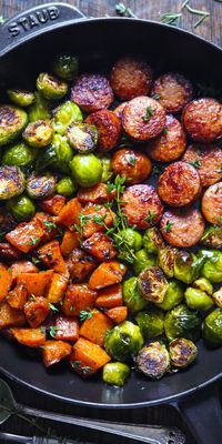 FALL DINNER - Sausage and Veggies Skillet with Butternut Squash and Brussels Sprouts.