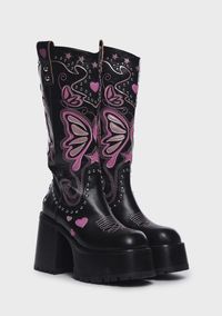 Dolls Kill x Bratz Embroidered Butterfly Platform Boots - Black/Pink