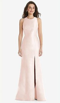 Jewel Neck Bowed Open-back Trumpet Bridesmaid Dress With Front Slit In Blush | The Dessy Group