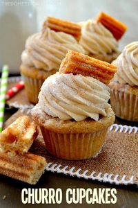 These Churro Cupcakes are bursting with cinnamon sugary goodness in every bite! Perfect for Cinco de Mayo or any occasion that calls for a moist, sweet and fluffy cinnamon-spiced cupcake topped with a crispy churro!