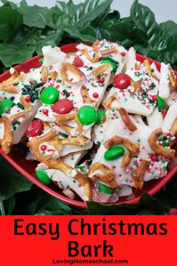 Easy Christmas Bark; An oh so pretty and easy to make dessert with sweet and salty flavors in Christmas colors; ready in a little over an hour! #christmas #christmasrecipe #christmasbark #bark #easychristmasbark #christmasdessert #lovinghomeschool