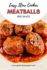 Savor these gluten-free, fuss-free Slow Cooker Meatballs and Sauce. It's a simple, hearty meal that practically cooks itself! Perfect for busy days. Get the recipe here! 🍝😋 #SlowCooker #GlutenFree #Meatballs #EasyRecipe #Sauce