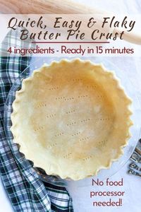 Want to know how to make this simple, quick & easy pie crust recipe with butter? Let me show you! It's the best & can be made ahead of time. You won't need a food processor & it comes together in 15 minutes. This all butter crust is flaky, tender & delicious. It's perfect for sweet dessert pies, chicken pot pie or quiesce recipes. Pie season has officially arrived and it's time to bake some delicious holiday, Thanksgiving & Christmas pies. Pumpkin pie, pecan pie, apple pie & more! #piecrust