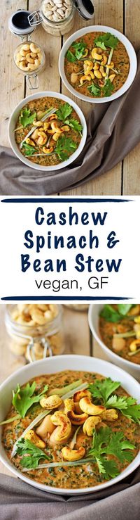 An amazingly simple, yet so delicious, Cashew Spinach Cannellini Bean Stew. It contains a good amount of tomato passata as a base for the stew and a cup of #cashew butter to make it more rich and tasty. Extra healthy ingredients are #spinach (so full of nutrients, especially vitamins and iron!) and Cannellini #beans for additional protein! It's both #vegan and #glutenfree.