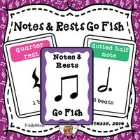 This is the Note and Rest Go Fish card game set. There are 14 different notes, rests and symbols for students to review.  Included in this deck are the following: whole note, dotted half note, half note, quarter note, eighth note, sixteenth note, whole rest, half rest, quarter rest, eighth rest, sixteenth  rest, time signature (4/4), bar line and double or final bar line. This is a great way to review the note and Rest values for your students. Game rules and printing directions are included. Th