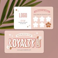 Groovy beauty salon loyalty card with retro fonts and light beige background. The 70s inspired retro typography collage reads 'Loyalty Card' and features pastel beige and cream colors. You can customize this trendy and chic rewards card with your discount offer, logo and business details. Featuring 6 flower-shaped stamp slots or you can remove / add more as you need to. This loyalty card design is great for makeup artists, lash tech, aestheticians, hair stylist or any other professional.