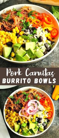 Add a new twist to Mexican night with these Pork Carnitas Burrito Bowls! Black bean cilantro lime rice is topped with flavorful slow cooker pork carnitas and your favorite toppings for a delicious (and healthy) dinner!