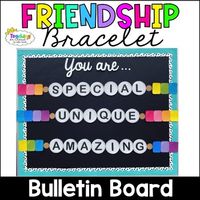 This back to school friendship bracelet bulletin board is the perfect way to welcome your students and remind them of how special and unique they are. It can lead into great discussions on students differences and howDiscuss how everyone has abilities that make them special.  Students will complete an All About Me Banner to display with the bulletin board.Includes:Letter Beads to Spell: Special, Unique, AmazingDesign Beads for Bulletin Board (optional)Colored Beads- Grouped and SingleSpacer Bead