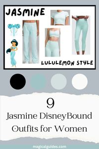 9 Different Jasmine outfits for inspiration on your next Walt Disney World vacation. Disneybound ideas for women that are casual, for summer, lululemon, lululemon dupes, for winter, dress, and find a red Jasmine Disneybound outfit too for Disney Fans. Disneybound for every style, perfect for the parks!