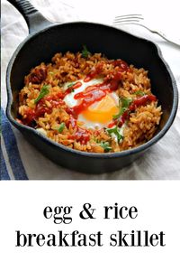 Egg & Rice Breakfast Skillet is more a method than a recipe. It works with almost any rice dish you have: paella, jambalaya, fried rice, Mexican rice, pilaf. It's all good!    #EggRiceSkilletBreakfast #EggRiceDish #leftoverRicerecipe #leftoverRice #Rice #Breakfast via @frugalhausfrau