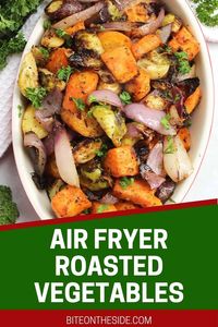 Seasoned roasted vegetables are so quick and easy to cook in the air fryer. Sweet potatoes, Brussels sprouts, carrots, garlic and red onion are tossed in dried herbs before being air fried. Ready in a fraction of the time compared to oven roasting.