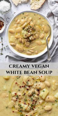 Creamy white bean soup - this easy, comforting vegan cannellini and butter bean soup is incredibly rich and creamy, but doesn't use any cream! Blended white beans provide all the creaminess you need and the delicious soup is flavoured with aromatic garlic, herbs and olive oil.