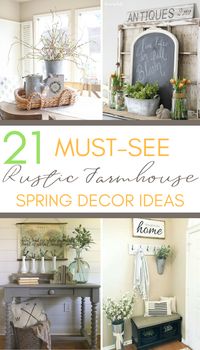 Rustic farmhouse decor is beautiful in any season, but it is especially spectacular in spring! If you are looking for ideas to add farmhouse spring decor to your home, here is inspiration that you don’t want to miss – for mantels, tabletops, entry ways and dining areas! #rustic #farmhouse #kitchen #mantel #entryway #table #spring #homedecor