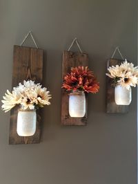 Fall Wall Sconce, Individual Mason Jar Sconce, Flower Vase Mason Jar, Rustic Decor, Painted Mason Jar, Floral wall sconce. PRODUCT DESCRIPTION: Set of 3 Mason Jar/flower wall sconce. This wall sconce is a great addition to your home decor with beautiful fall colors!! These sets are perfect for any wall in your home, sure to add color to your office, kitchen or living room. Set shown is one of our antique white Fall sets. ♥ Bonus?! Each set can be used time and time again throughout the seas...