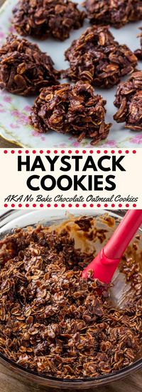 Haystack cookies are a deliciously chewy no bake cookie with oatmeal and coconut. They're made from simple pantry ingredients, super easy, and loved by kids and adults alike. #nobake #cookies #recipes #haystackcookies