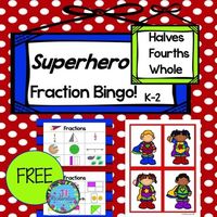 Freebie! Thank you for helping me reach 300 followers! Fraction Bingo: Teach your children fractions by playing Superhero Fractions Bingo! It teaches halves, fourths and wholes. Take a Preview Peek! This Fraction Bingo Game includes: 24 Bingo Cards 30 Fraction Calling Cards Superhero Card Cover