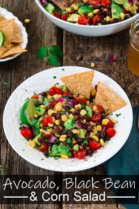 Avocado Black Bean Corn Salad ~ fast, easy,  fresh and colorful! No cooking required - just chop the veggies and toss with a zesty Cilantro Lime Dressing.