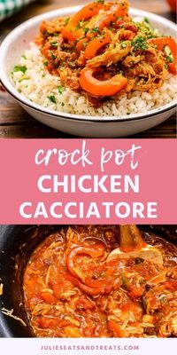 Need a healthy, weeknight recipe the entire family will love? Make this easy Crock Pot Chicken Cacciatore for dinner tonight. A delicious combination of tender shredded chicken, tomatoes, peppers, and onions. Serve it over rice for an easy dinner. #crockpot #chickencacciatore