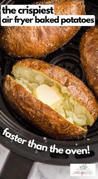 This Air Fryer Baked Potato recipe is incredibly crispy on the outside, fluffy and creamy on the inside, and couldn't be easier! Simply seasoned and perfect for your favorite toppings. #airfryer #airfryerrecipes #potato #recipes