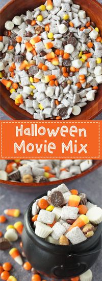 Halloween Movie Mix - A delicious fall inspired snack mix filled with muddy buddies, reese's pieces, candy corns, salted caramel peanuts, mini white chocolate reese's cups and mini milk chocolate reese's cups.