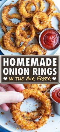 Air Fryer Onion Rings are super crispy and crunchy, easy-to-make, and so much healthier for you than deep-fried! Use a 3-bowl technique to coat your sliced onions with flour, an egg wash, and breadcrumbs. You’ll then cook them in the Air Fryer until golden brown and ultra crispy. They make a great game day snack or weeknight dinner appetizer or side dish!