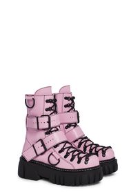 Club Exx Buckle D Ring Lace Up Combat Boots - Pink – Dolls Kill