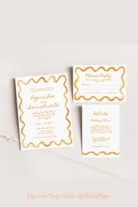 Modern and simple orange apricot colored watercolor squiggle, wavy, scallop edge border wedding invitation - editable and printable