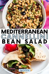 This quick and flavorful vegan Mediterranean Cannellini Bean Salad features sun-dried tomatoes and Kalamata olives in a light dressing. Enjoy it as a side or stuffed in a pita pocket.