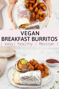 This vegan breakfast burrito recipe is healthy, easy, and also quick to make. In addition, it is gluten-free, customizable, and delicious! The best part about this recipe is that you can make ahead so you just need to assemble it. This also means that these burritos are meal-prep friendly! They have a Mexican flavor since there are chipotle peppers. I made it with potatoes in the air fryer but you can use sweet potatoes. It is the best burrito! #veganbreakfastburrito #vegan #healthy #easy #quick